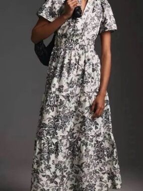Rare Anthropologie White Maxi / Somerset Dress with Grey Floral